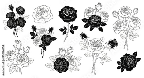 Collection of Elegant Black and White Rose Illustrations with Detailed Petals and Stems, Ideal for Floral Design and Decorative Projects