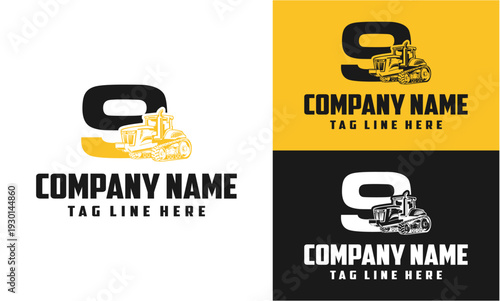 Number 9 Tractor Farming Machine Logo Vector