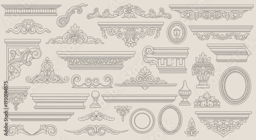 A diverse collection of ornate architectural elements and decorative borders, featuring classic carved moldings and friezes for sophisticated design projects
