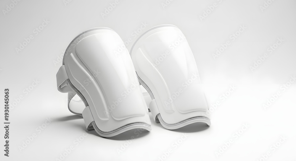 Fototapeta premium Pair of white shin guards isolated on a clean white background, showcasing protective athletic gear