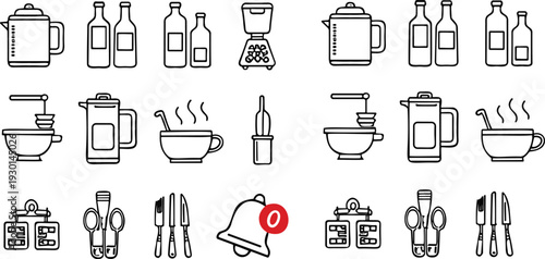 Kitchen and Coffee Line Icon Set Vector Illustration with Cookware, Utensils, Bottles, Teapot and Notification Bell Symbols