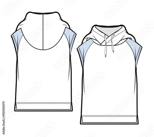 Sleeveless hoodies vector mockup template technical drawing.