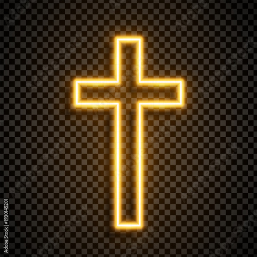 Shining neon gold Catholic cross isolated on transparent background. Riligious symbol. Glowing Saint cross. Easter and Christmas sign. Vector illustration