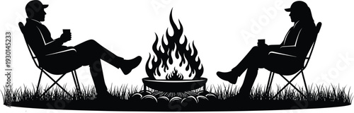 Black vector silhouette of a man and woman sitting in chairs by a campfire for concepts of camping and outdoors