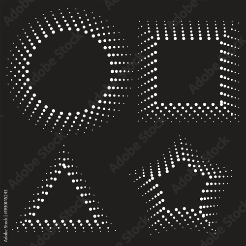 Abstract Halftone Geometric Shapes Set with Dots on Dark Background