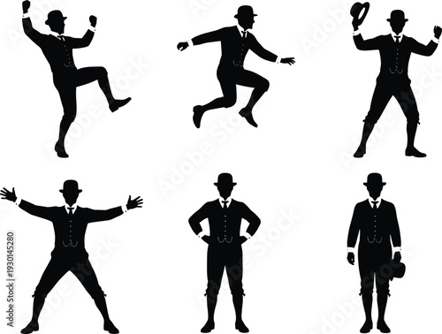 Businessman silhouette poses, bowler hat character, dynamic gesture illustration, theatrical movement art, classic comedy figure, expressive posture design, vintage style concept, minimal graphic