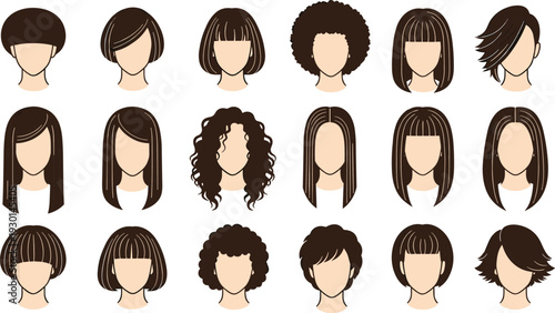 Collection of women hairstyle variations including short, long, curly and bob cuts in flat vector style isolated on light background for beauty and salon design