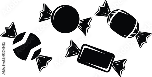 Assorted wrapped candy silhouette set sweet confection icons isolated on white background vector collection