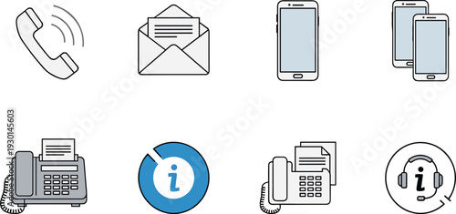 Customer support communication line icons, phone email mobile fax symbols, help desk outline vector set, minimal illustration collection