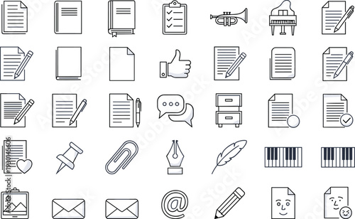 Document and office stationery line icons set, file paper writing tools outline vector collection, minimal black white illustration