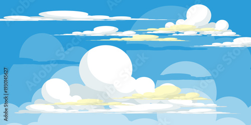 Illustration of a blue sky with white clouds in a flat style. Blue sky background and white clouds. Cartoon sky	