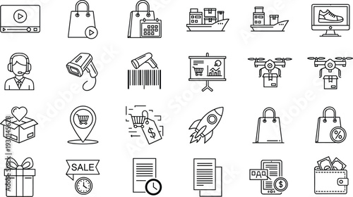 Ecommerce and online shopping line icons set, retail delivery marketing outline vector collection, minimal black white illustration