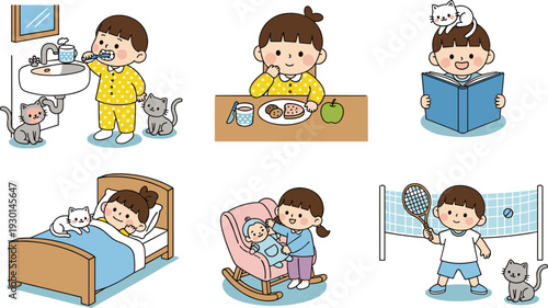 Cute child daily routine activities including brushing teeth, eating breakfast, reading, sleeping and playing in adorable cartoon vector style isolated on light background