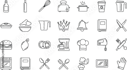 Kitchen cooking line icon set, food preparation outline vector collection, bakery utensils appliances symbols, minimal black white illustration pack