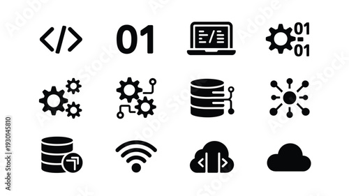 Collection of modern technology and programming icons including coding symbols database storage cloud computing and internet connectivity elements on a white background for digital