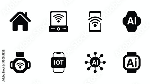Technology ai silhouette logos showing smart home internet of things and artificial intelligence icons on white background