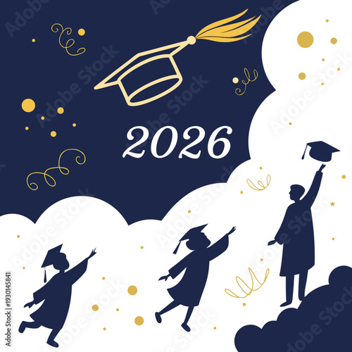Graduation 2026: Silhouettes of students celebrating with caps and gowns, confetti, and stars against a dark blue sky.