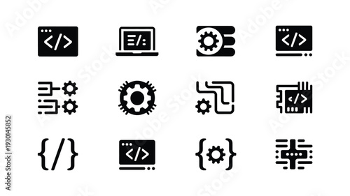 Collection of coding and development icons featuring gears code symbols and technology graphics on a clean white background for design and programming concepts