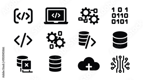 Vector icon pack featuring 12 black coding and database symbols on white background for software development and technology concepts