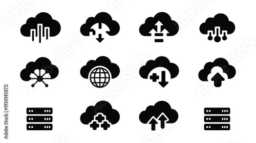 Cloud computing and data storage icons showing technology and internet concepts with silhouettes on white background