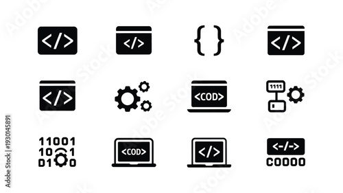 Vector icons for coding and software development including code symbols and programming tools on white background