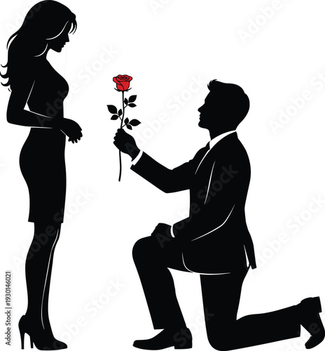 Black vector silhouette of a man kneeling and proposing to a woman with a red rose for romantic relationship branding
