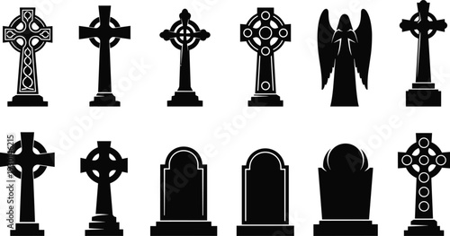 Christian cross and gravestone silhouette set isolated on white background memorial vector