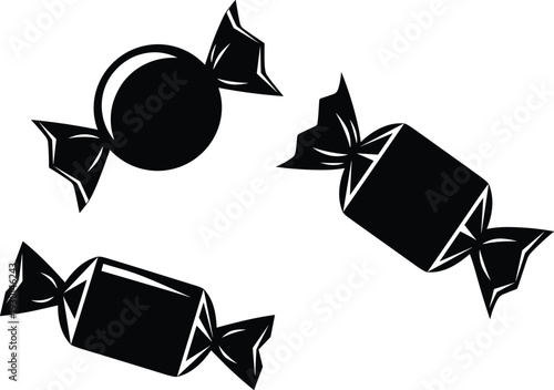 Candy and sweet wrapped confection silhouette set isolated on white background vector illustration