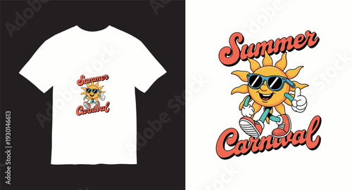 Happy sun character in sunglasses giving thumbs up at summer carnival