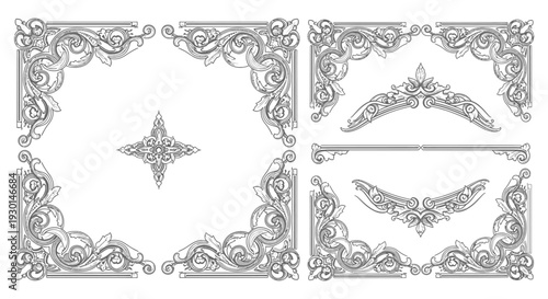 Elegant black and white ornamental flourishes and decorative corner elements, perfect for vintage and classic design projects