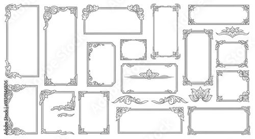 ornate frames and borders set, classic decorative design elements, vintage ornamental vignettes, elegant dividers, decorative corner accents, elegant 
