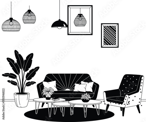 Black vector silhouette of a modern living room interior with a sofa armchair coffee tables potted plants and hanging lamps