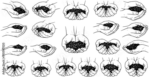Collection of black and white line art illustrations depicting various hand poses holding handfuls of rich dark soil, symbolizing gardening, growth, nature, and agriculture concepts.