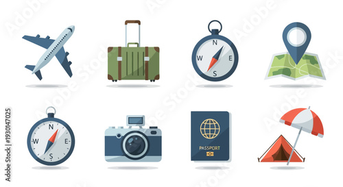 Diverse set of essential travel icons, showcasing elements for planning your next vacation, exploring new destinations, and embarking on exciting adventures