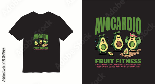 Avocado cartoon characters working out with text fruit fitness and phrase sweat now guac later