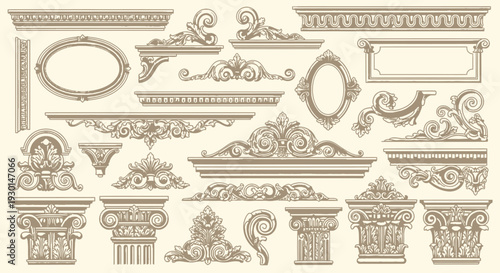 Collection of antique architectural ornamental elements in beige tones featuring decorative borders, ornate columns, and elegant frames for classic design applications