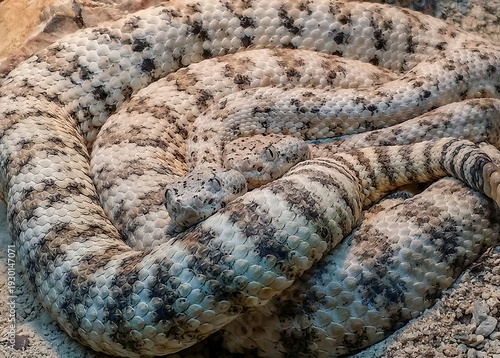 Two Southwestern Speckled Rattlesnakes curled up together.