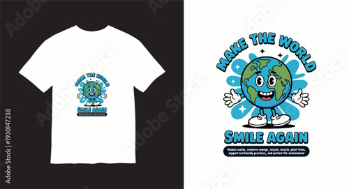 Happy cartoon earth character with make the world smile again text and eco friendly phrase