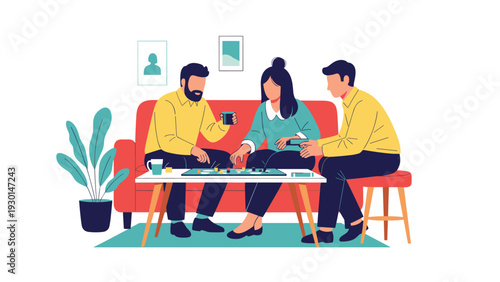 Group of friends gathered together on a red sofa playing a fun board game at home, enjoying a social evening with coffee and good company.