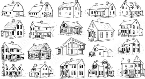 Architectural Line Art Collection: Diverse Houses, Homes, and Barns. Hand-Drawn Sketches of Residential Buildings, Farm Structures, and Various Home Styles for Design Projects.
