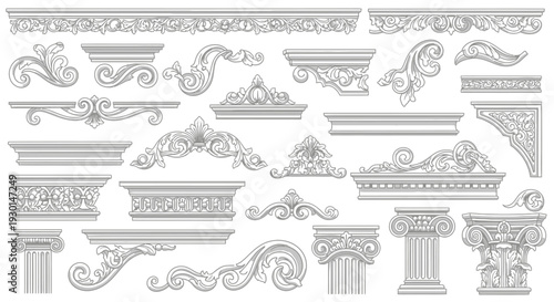 Collection of ornate decorative architectural elements and antique embellishments in classical style, ideal for design and decor
