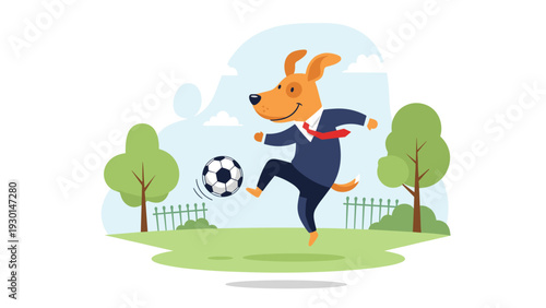 Cheerful cartoon dog wearing a professional business suit while playing soccer in a sunny park, representing work life balance and activity.