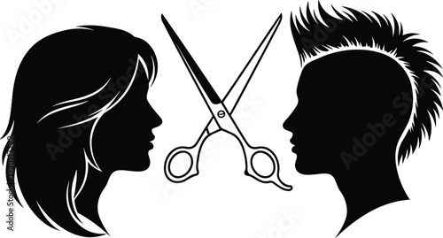 Black vector silhouette of a man with a mohawk and a woman facing each other with scissors for hair branding