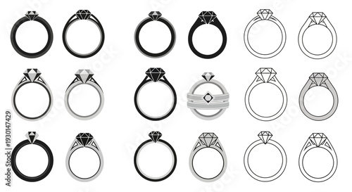 Collection of various elegant diamond ring designs, showcased in a clean, modern illustration style with a focus on intricate details