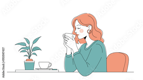 Peaceful illustration of a young woman with wavy hair sipping a hot beverage while relaxing at a table with a potted plant and clean lines.