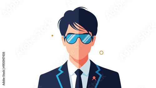 Symmetrical portrait of a modern man wearing a dark suit and futuristic blue sunglasses, presented as a flat graphic design with soft colors.