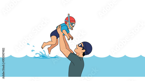 Loving father holding a baby wearing a swim cap and snorkel gear above the water, enjoying a fun day of swimming and family bonding at the pool.