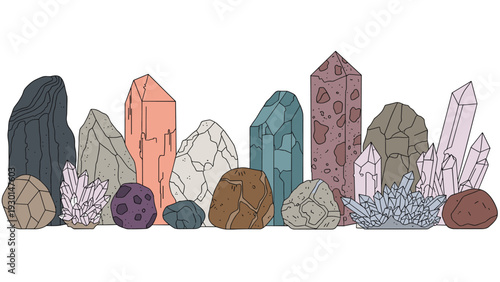 Collection of various colorful minerals, raw crystals, and gemstones of different geometric shapes arranged in a horizontal row for display.