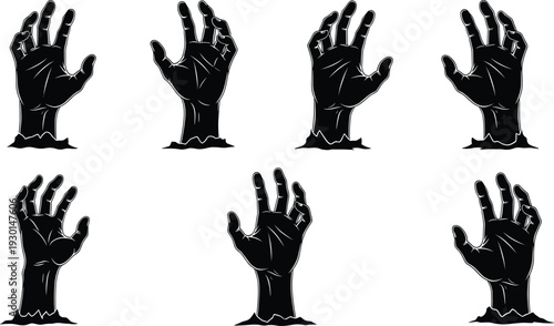 Creepy zombie hand silhouettes rising from ground isolated on white background horror vector