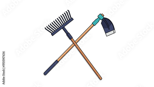 Crossed garden tools illustration featuring a rake and a hoe with wooden handles, representing manual agricultural work and home gardening.